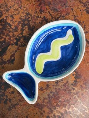Fish-Shaped Hand-Painted Ceramic Platter White w/ Blue & Lime Green Wavy Accents